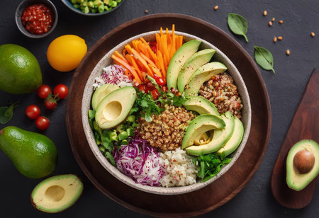 Healthy salad bowl with quinoa, tomatoes, chicken, avocado, lime and mixed greens, lettuce, parsley on wooden background top view. Food and health.の素材