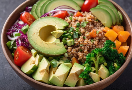 Healthy salad bowl with quinoa, tomatoes, chicken, avocado, lime and mixed greens, lettuce, parsley on wooden background top view. Food and health.の素材