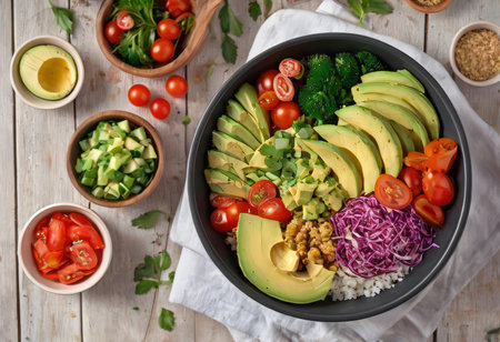 Healthy salad bowl with quinoa, tomatoes, chicken, avocado, lime and mixed greens, lettuce, parsley on wooden background top view. Food and health.の素材