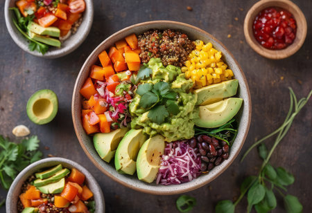 Healthy salad bowl with quinoa, tomatoes, chicken, avocado, lime and mixed greens, lettuce, parsley on wooden background top view. Food and health.の素材