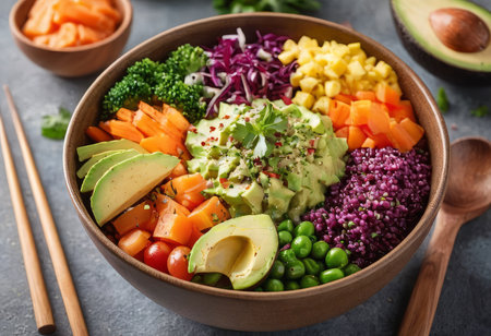 Healthy salad bowl with quinoa, tomatoes, chicken, avocado, lime and mixed greens, lettuce, parsley on wooden background top view. Food and health.の素材