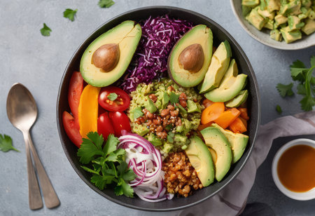 Healthy salad bowl with quinoa, tomatoes, chicken, avocado, lime and mixed greens, lettuce, parsley on wooden background top view. Food and health.の素材