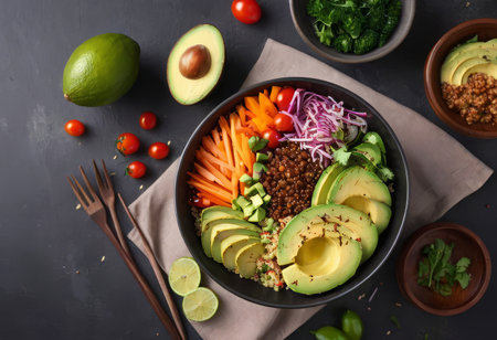 Healthy salad bowl with quinoa, tomatoes, chicken, avocado, lime and mixed greens, lettuce, parsley on wooden background top view. Food and health.の素材