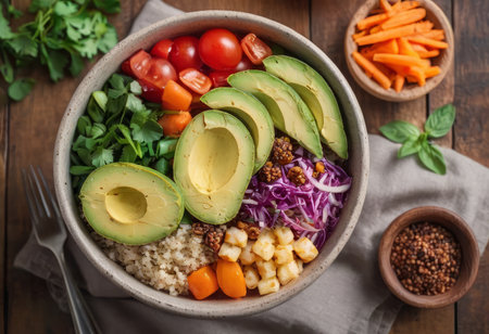 Healthy salad bowl with quinoa, tomatoes, chicken, avocado, lime and mixed greens, lettuce, parsley on wooden background top view. Food and health.の素材