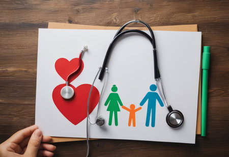 Take out health insurance for family. Stethoscope, paper heart and silhouette of family on wooden background top viewの素材