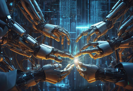 AI, Machine learning, Hands of robot and human touch on big data network, Brain data creative in light bulb, Science and artificial intelligence technology, innovation for futuristic.の素材