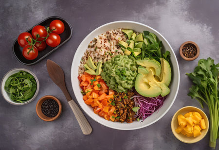 Healthy salad bowl with quinoa, tomatoes, chicken, avocado, lime and mixed greens, lettuce, parsley on wooden background top view. Food and health.の素材