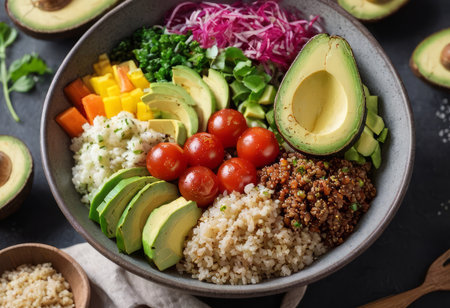 Healthy salad bowl with quinoa, tomatoes, chicken, avocado, lime and mixed greens, lettuce, parsley on wooden background top view. Food and health.の素材