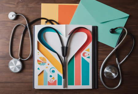 Take out health insurance for family. Stethoscope, paper heart and silhouette of family on wooden background top viewの素材