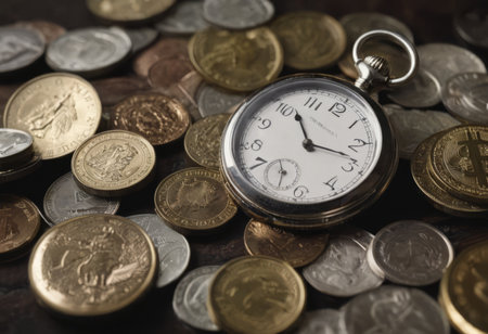 clock and stacks of coins : time - moneyの素材