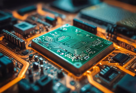 Electronic circuit board close up. Technology background. Selective focusの素材