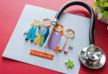 Take out health insurance for family. Stethoscope, paper heart and silhouette of family on wooden background top viewの素材