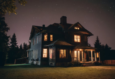 Old house at night with stars in the sky - retro vintage effectの素材