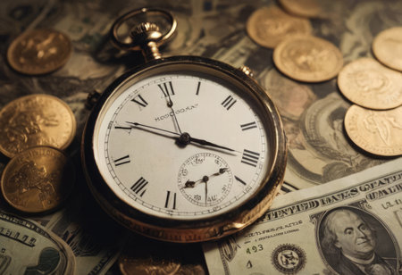 clock and stacks of coins : time - moneyの素材