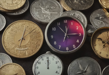 clock and stacks of coins : time - moneyの素材