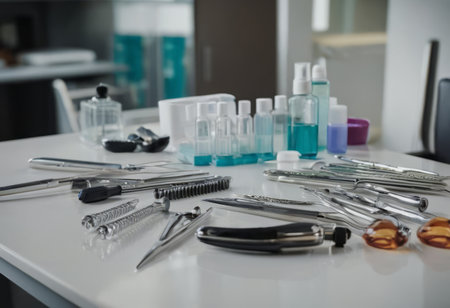 Top down view on various dental instruments such as syringe, toothbrushes, false teeth, pliers, mouth mirror, floss, picks, drill, scissors and maskの素材