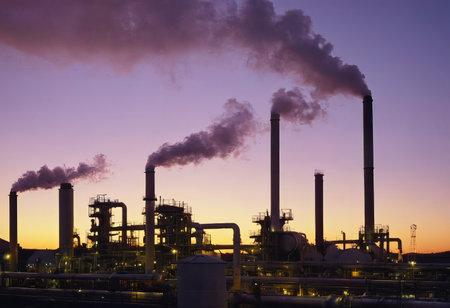 Smoke from heating station in big city during winter season at sunset. Smokestack pipes emitting co2 from coal thermal power plant into atmosphere. Air pollution and emission ecology problem conceptの素材