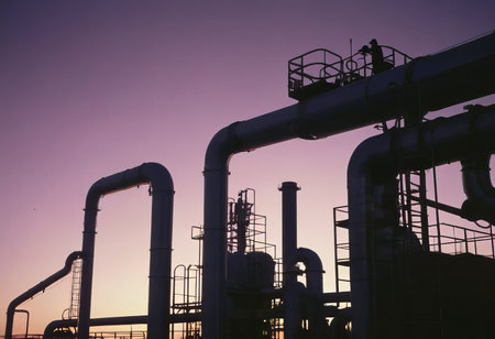 Smoke from heating station in big city during winter season at sunset. Smokestack pipes emitting co2 from coal thermal power plant into atmosphere. Air pollution and emission ecology problem conceptの素材