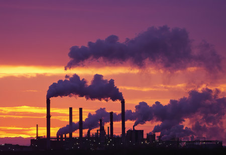 Smoke from heating station in big city during winter season at sunset. Smokestack pipes emitting co2 from coal thermal power plant into atmosphere. Air pollution and emission ecology problem conceptの素材