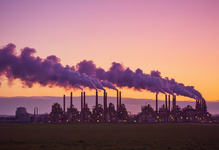 Smoke from heating station in big city during winter season at sunset. Smokestack pipes emitting co2 from coal thermal power plant into atmosphere. Air pollution and emission ecology problem conceptの素材