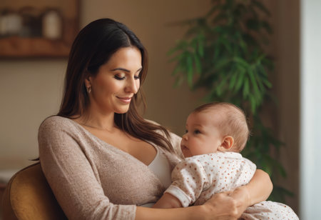 Loving mom caring of her newborn baby at home. Bright portrait of happy mum holding sleeping infant child on hands. Mother hugging her little 2 months old son.の素材