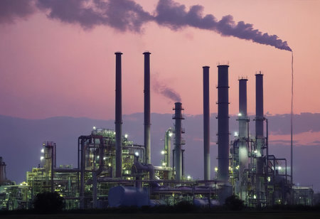 Smoke from heating station in big city during winter season at sunset. Smokestack pipes emitting co2 from coal thermal power plant into atmosphere. Air pollution and emission ecology problem conceptの素材