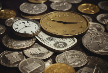clock and stacks of coins : time - moneyの素材