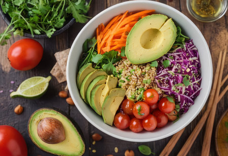 Healthy salad bowl with quinoa, tomatoes, chicken, avocado, lime and mixed greens, lettuce, parsley on wooden background top view. Food and health.の素材