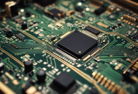 Close up of electronic circuit board with microchips and components.の素材