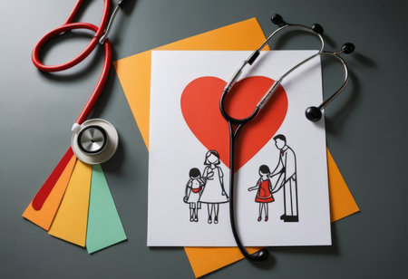 Take out health insurance for family. Stethoscope, paper heart and silhouette of family on wooden background top viewの素材