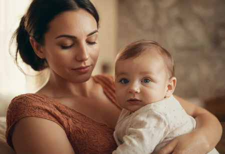 Loving mom caring of her newborn baby at home. Bright portrait of happy mum holding sleeping infant child on hands. Mother hugging her little 2 months old son.の素材
