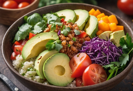 Healthy salad bowl with quinoa, tomatoes, chicken, avocado, lime and mixed greens, lettuce, parsley on wooden background top view. Food and health.の素材