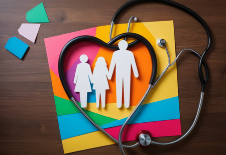 Take out health insurance for family. Stethoscope, paper heart and silhouette of family on wooden background top viewの素材