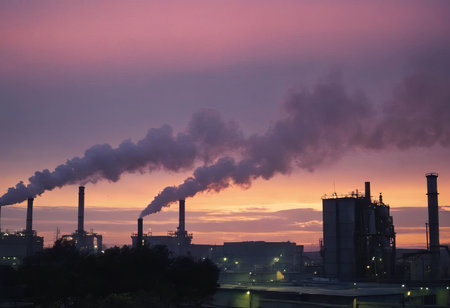 Smoke from heating station in big city during winter season at sunset. Smokestack pipes emitting co2 from coal thermal power plant into atmosphere. Air pollution and emission ecology problem conceptの素材