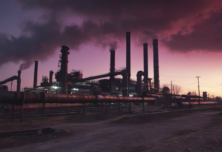 Smoke from heating station in big city during winter season at sunset. Smokestack pipes emitting co2 from coal thermal power plant into atmosphere. Air pollution and emission ecology problem conceptの素材