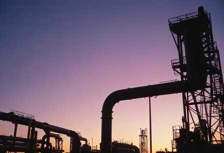 Smoke from heating station in big city during winter season at sunset. Smokestack pipes emitting co2 from coal thermal power plant into atmosphere. Air pollution and emission ecology problem conceptの素材