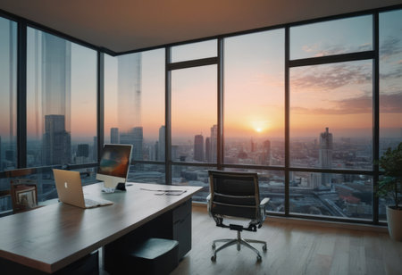 Luxury office interior with panoramic window and city viewの素材