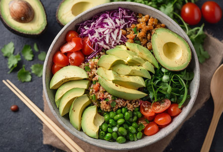 Healthy salad bowl with quinoa, tomatoes, chicken, avocado, lime and mixed greens, lettuce, parsley on wooden background top view. Food and health.の素材