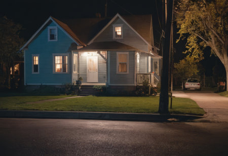 Night view of a small house in the middle of the street.の素材