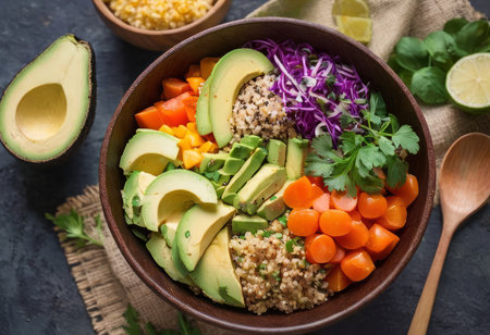 Healthy salad bowl with quinoa, tomatoes, chicken, avocado, lime and mixed greens, lettuce, parsley on wooden background top view. Food and health.の素材