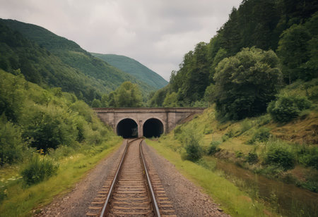 Rusty train tracks lead into a dark tunnel in a desaturated landscapeの素材