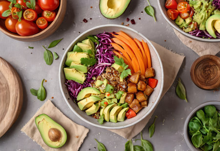Healthy salad bowl with quinoa, tomatoes, chicken, avocado, lime and mixed greens, lettuce, parsley on wooden background top view. Food and health.の素材