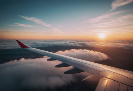 Wing of an airplane flying above the clouds at sunset. Travel conceptの素材