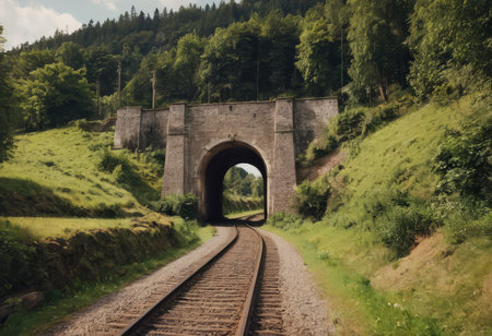 Rusty train tracks lead into a dark tunnel in a desaturated landscapeの素材