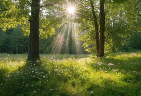 Scenic forest of fresh green deciduous trees framed by leaves, with the sun casting its warm rays through the foliageの素材