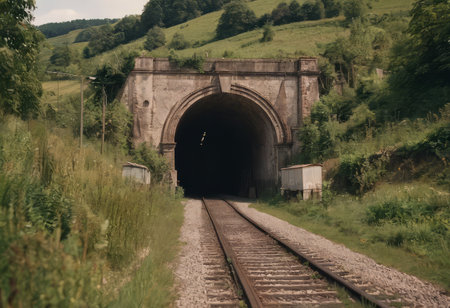 Rusty train tracks lead into a dark tunnel in a desaturated landscapeの素材