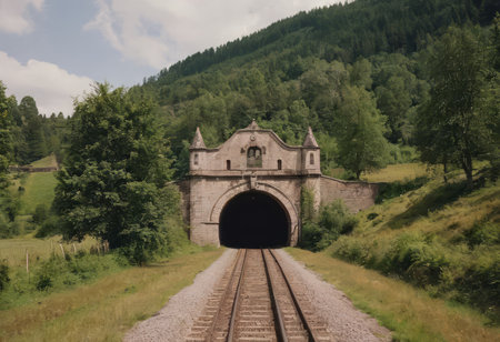 Rusty train tracks lead into a dark tunnel in a desaturated landscapeの素材