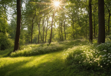 Scenic forest of fresh green deciduous trees framed by leaves, with the sun casting its warm rays through the foliageの素材