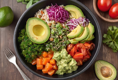 Healthy salad bowl with quinoa, tomatoes, chicken, avocado, lime and mixed greens, lettuce, parsley on wooden background top view. Food and health.の素材