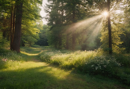 Scenic forest of fresh green deciduous trees framed by leaves, with the sun casting its warm rays through the foliageの素材